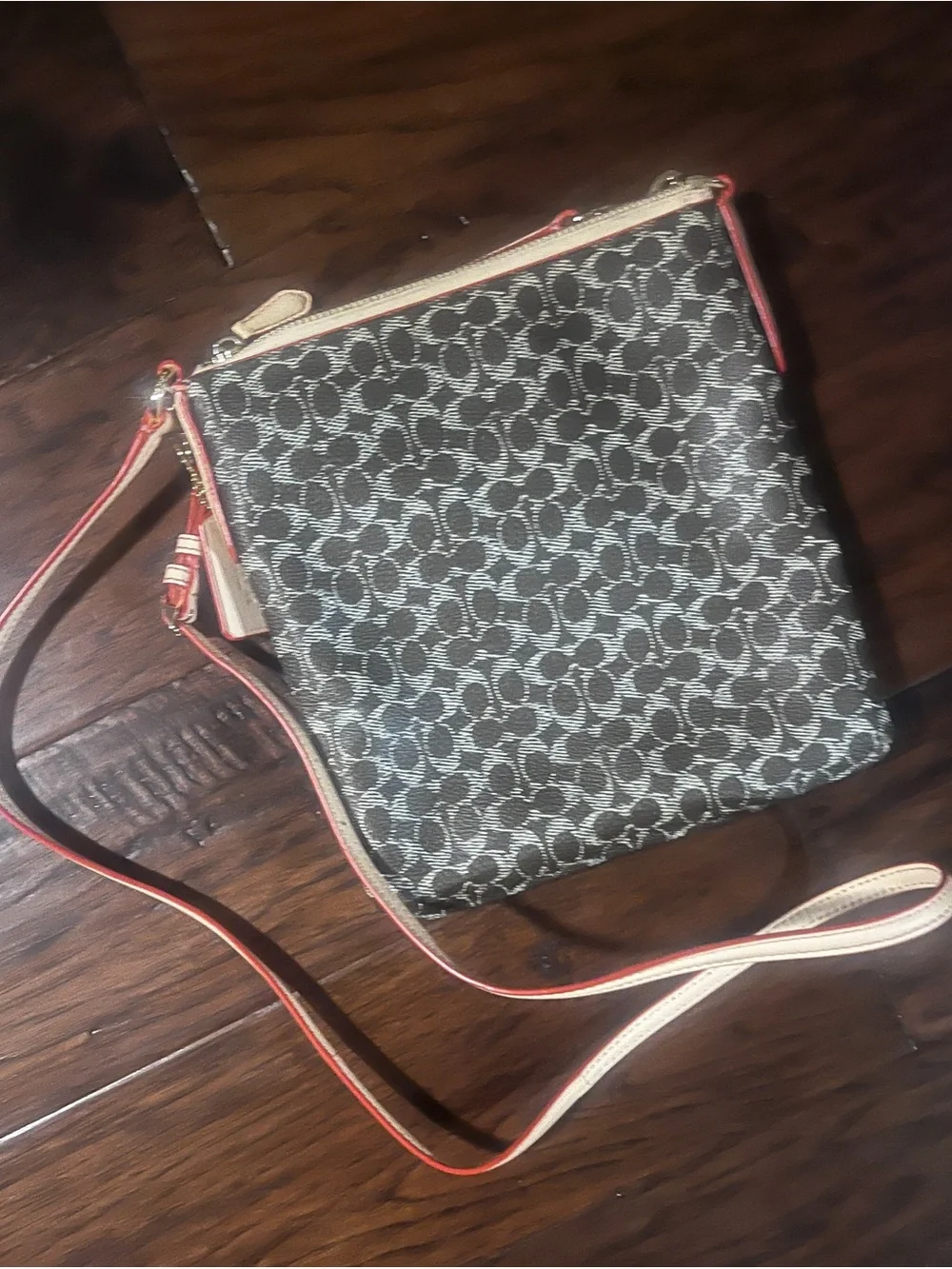 Coach Monogram Crossbody in Brown and Cream with Tan Trim